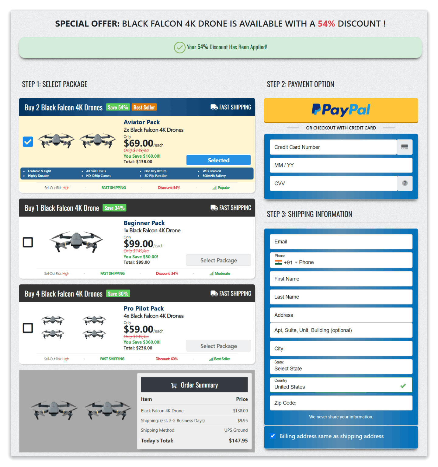 Black Falcon Drone checkout page